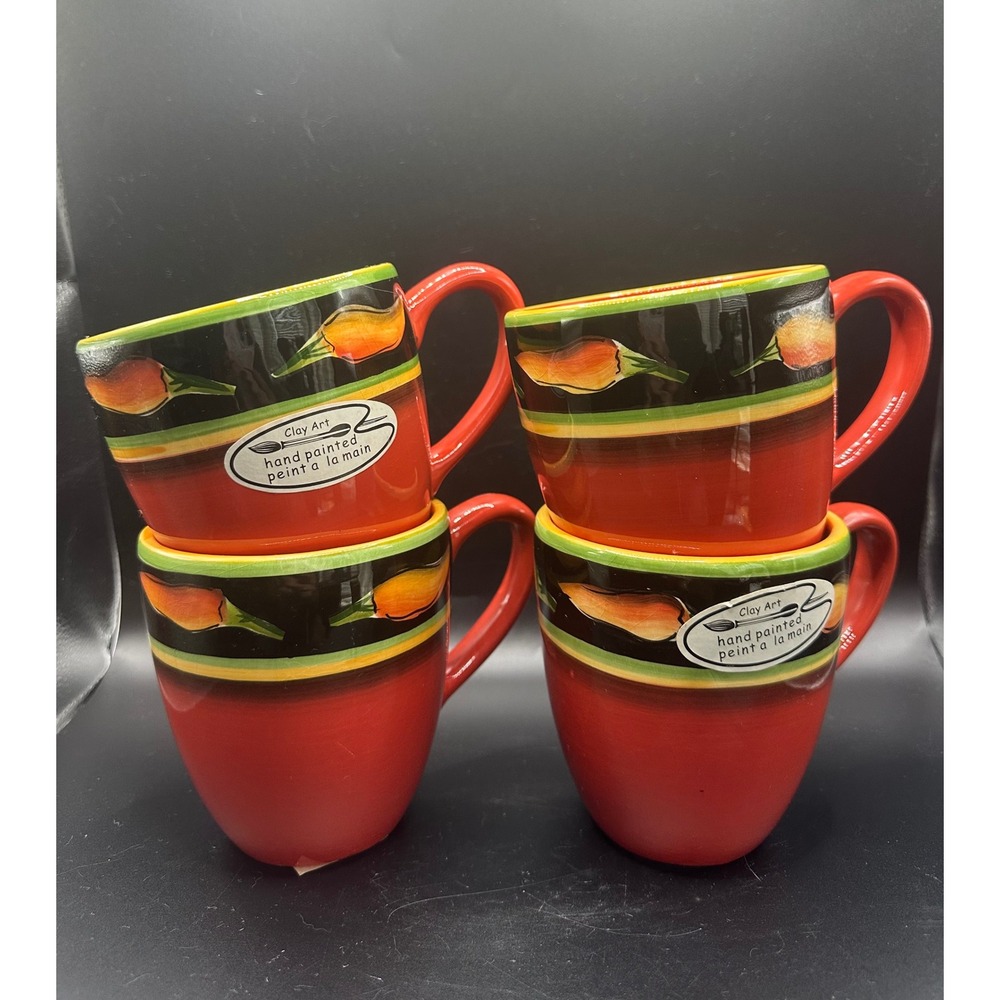 Clay Art Jalapeno Hand Painted Red Ceramic Mugs Set of 4 Southwest Chili 1227F